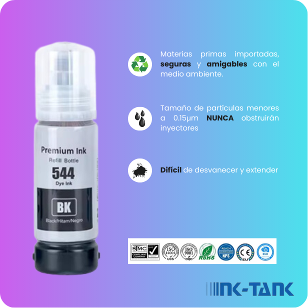 Botella de tinta T544 Negro Epson L3110, L3150, L3160, L321, L3250, 5590

